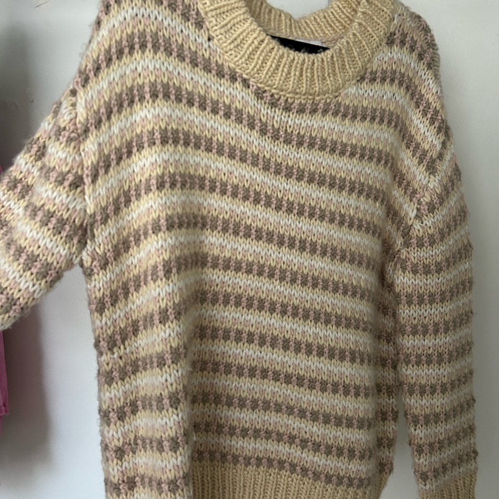 Dress Forum Beige and Cream Striped Turtleneck Sweater
